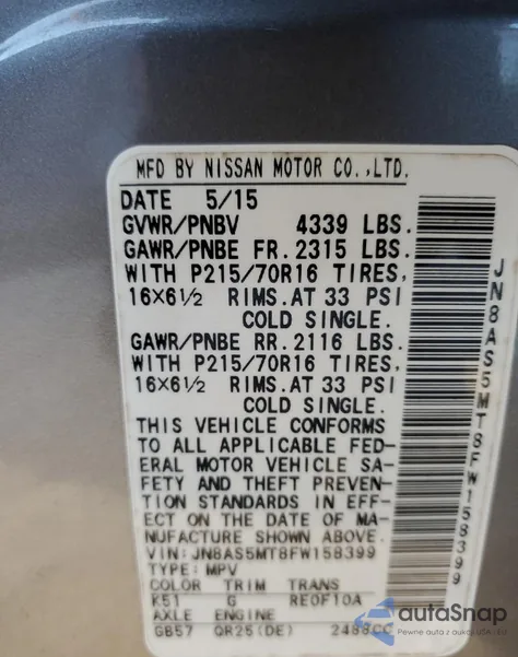 2015 Nissan Rogue Select S z USA, uszkodzony, nr VIN JN8AS5MT8FW158399